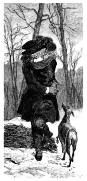 Winter Scene : Girl playing with her Dog - 19th century