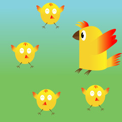 Chicken and four Chick find a food