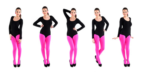 Beautiful brunette woman full body portrait on white background.