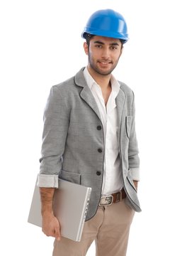 Young architect holding laptop smiling