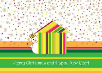 Christmas and New Year greeting card with snowman and house