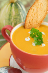 Pumpkin soup in Bright bowl with bread slice and parsley