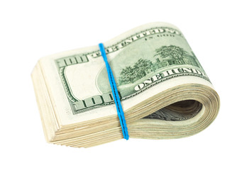 US dollars wrapped by rubber on white background
