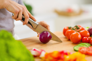Closeup on housewife cutting red onion