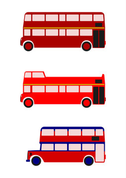 Red double decker bus in retro cartoon style. 