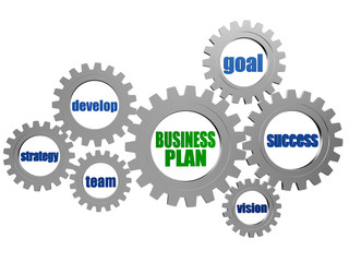 business plan and concept words in silver grey gearwheels