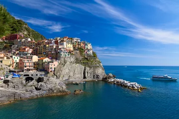 Fototapeten Village of Manarola with ferry, Cinque Terre, Italy © Frank