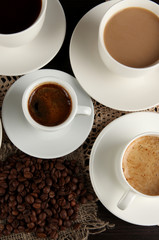 Assortment of different hot coffee drinks close up