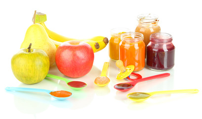 Baby puree with fruits isolated on white