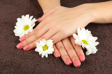 Woman hands with pink manicure and flowers, on color background