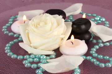 Fototapeta na wymiar spa stones with flower and candles in water on plate