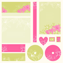 Set of wedding invitations with flowers background.