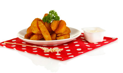 Appetizing village potatoes on plate isolated on white