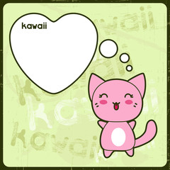 Kawaii card with cute cat on the grunge background.