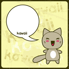 Kawaii card with cute cat on the grunge background.