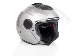 gray, shiny motorcycle helmet isolated