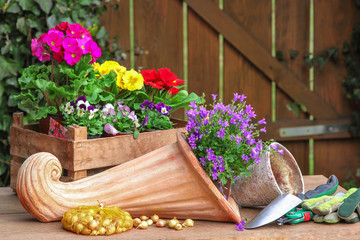 Füllhorn, Blumen und Gartenwerkzeug