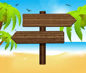 arrow blank wooden sign on beach and palms