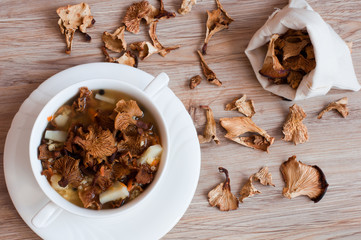 Fototapeta na wymiar Mushroom soup with dried mushrooms