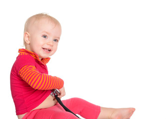 Sweet baby girl with phonendoscope isolated on a white backgroun