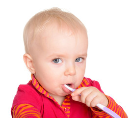 Little baby girl with toothbrush isolated on white background