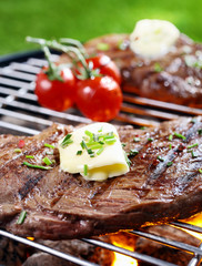 Steak grilling over a fire