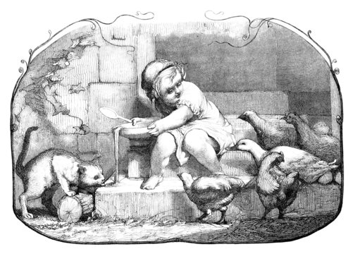 Little Peasant Girl : nice naive Scene - 19th century
