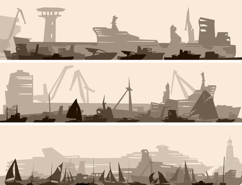 Horizontal banner of big harbor with many different ships.