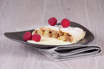 Apple strudel with raspberries