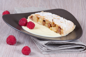 Apple strudel with raspberries