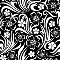 Papier Peint photo Fleurs noir et blanc Motif floral sans couture. Illustration vectorielle.