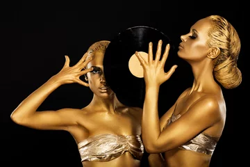 Wanddecoratie Zwart goud Women holding Vinyl Record. Fantastic Gold Badyart. Performance  © gromovataya