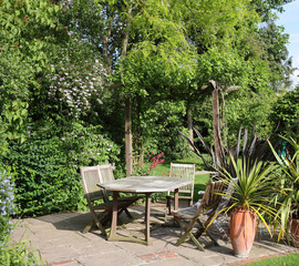 Patio area of an  English back Garden