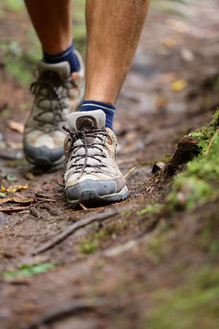 Hiker - hiking shoes closeup from hike walk
