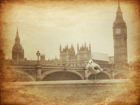 Vintage Retro Picture of Big Ben / Houses of Parliament (London)
