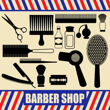 Vintage barber and hairdresser silhouette set