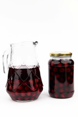 Compote with cherries in jar and ewer