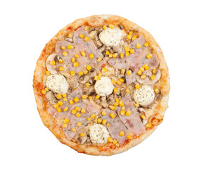 pizza with ham, cheese, mayonnaise, mushrooms and corn, isolated