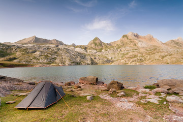 Camping Tent by Estanes Lake during sunrise