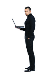 Young business man with notebook on white background