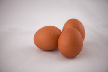 Group of three eggs on white background