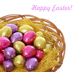 happy easter, colorful chocolate easter eggs in basket