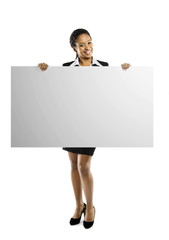 Young African American woman holding blank sign