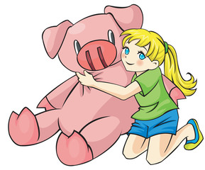 Young Girl is hugging a piggy doll