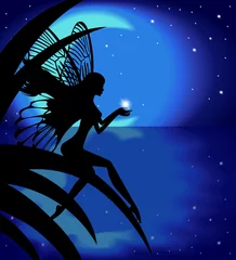 Tuinposter Fairy meisje met een ster op een achtergrond met de maan © ferdiperdozniy