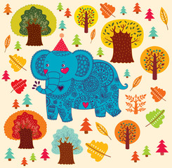 Vector cartoon pattern with elephant