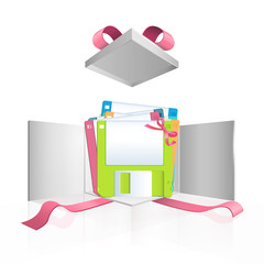 Colorful diskettes in gift box. Vector design. 
