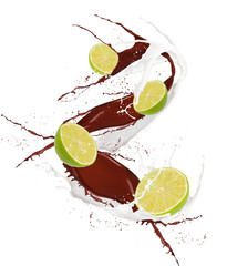 Fresh lime in chocolate and mill splash over white background 