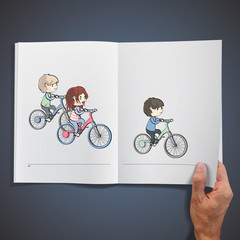 Group of children riding a bicycle inside a book. Vector design.