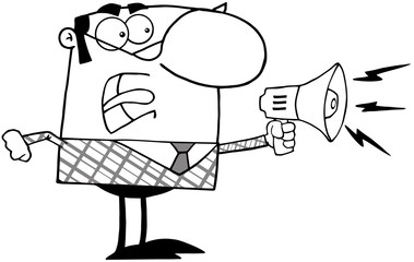 Outlined Excited Business Manager Speaking Through A Megaphone